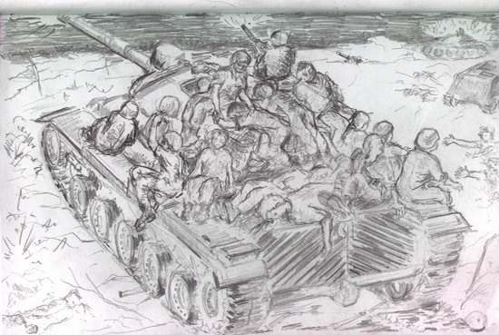 חילוץ נפגעים על גבי הטנק של מ"פ ז' - סרן רמי מתן ב"חווה הסינית" בליל 15-16.10.1973